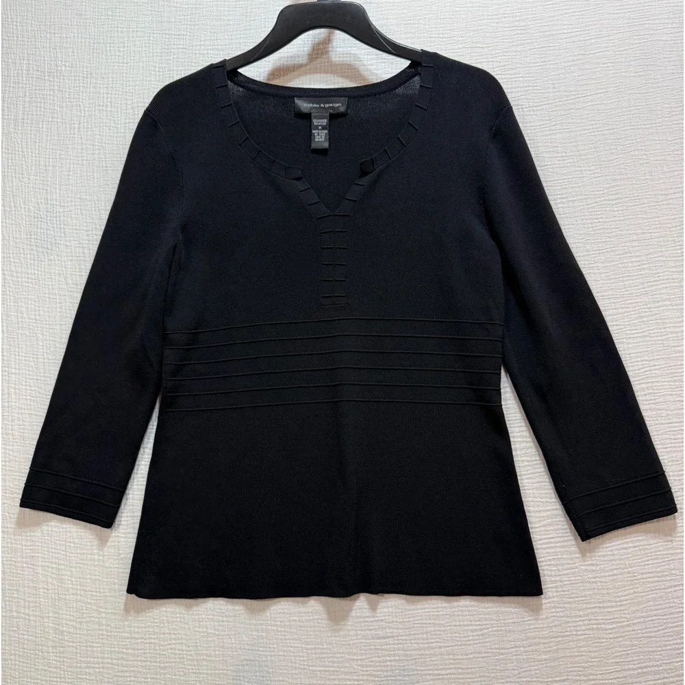 Cable & Gauge Knit Top Women‎ M Black V-Neck 3/4 Sleeve Ribbed Detail Capsule